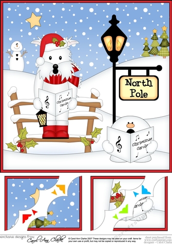 8 x 8 Christmas at the North Pole Jock Westie Dog goes Carol Singing Scalloped Corner Topper 