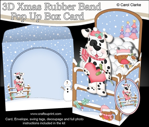 3D Christmas Rubber Band Pop Up Box Card - Little Christmas Spotty Dog has a Heart and Mistletoe