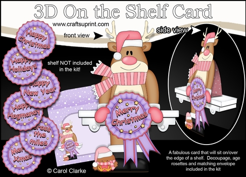 3D On the Shelf Card Kit - Christmas Rudolph with Seasonal Greetings Rosettes