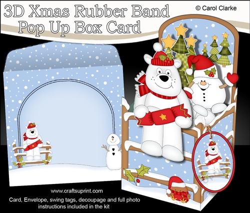 3D Christmas Rubber Band Pop Up Box Card - Christmas Ben Polar Bear has a Christmas Cracker