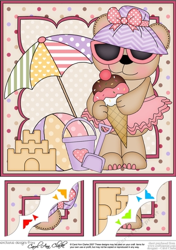 8 x 8 Livvy Bear has an Ice Cream at the Seaside Scalloped corner Topper