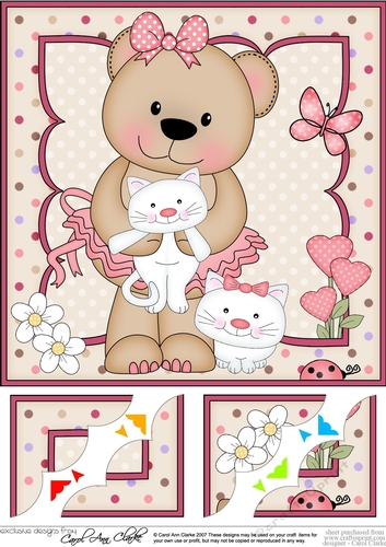 8 x 8 Livvy Bear plays with her Kittens Scalloped corner Topper