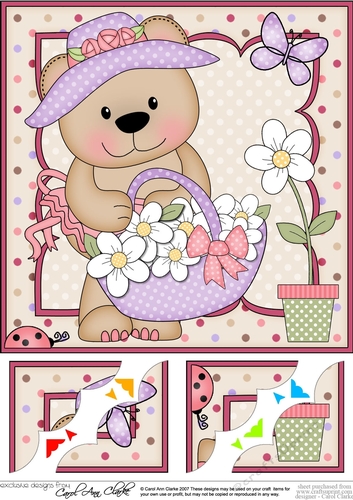 8 x 8 Livvy Bear gathers flowers in her basket Scalloped corner Topper