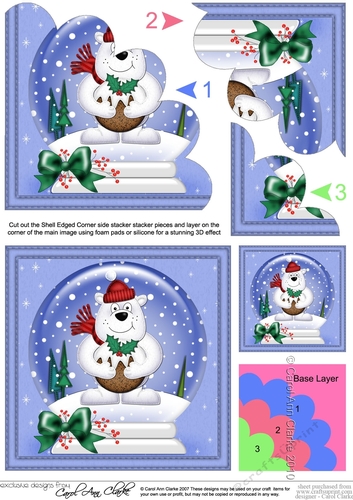 Christmas Snowglobe Ben Polar Bear has a Christmas Pudding Shell Edged Corner Stacker