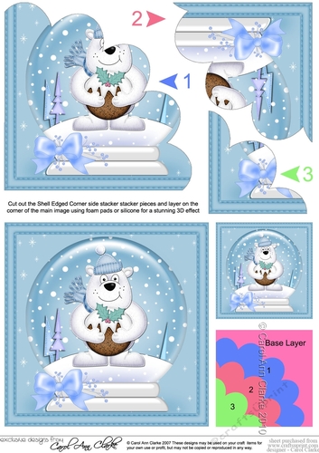 Christmas Snowglobe Ben Polar Bear has a Christmas Pudding Shell Edged Corner Stacker