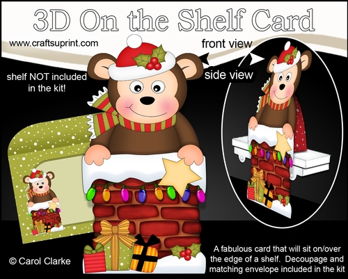 3D On the Shelf Card Kit - Christmas Cute Little Monkey Bing is helping Santa take the Presents down the Chimney