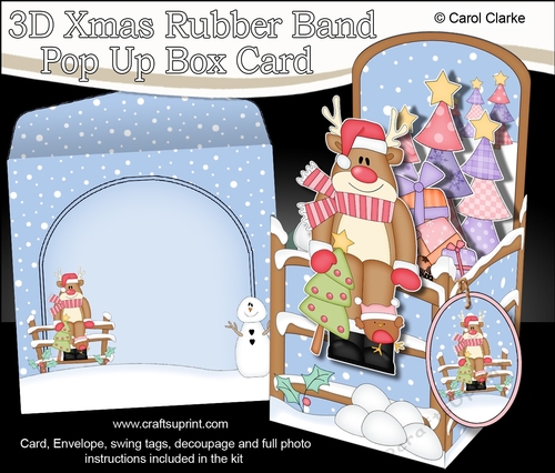 3D Christmas Rubber Band Pop Up Box Card - Rudolph has a Christmas Tree