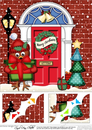 8 x 8 Christmas Door Little Robin has a present Scalloped Corner Topper