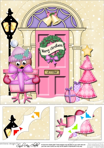 8 x 8 Christmas Door Little Robin has a present Scalloped Corner Topper
