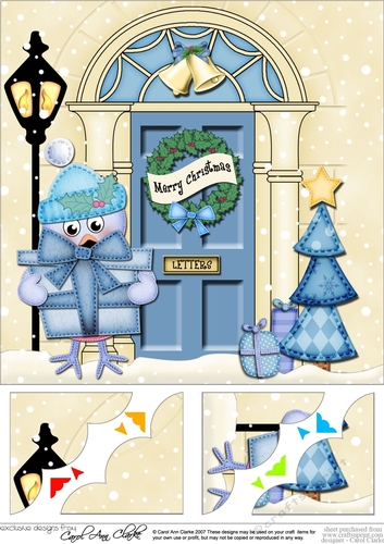 8 x 8 Christmas Door Little Robin has a present Scalloped Corner Topper