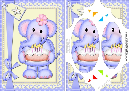 A5 Lola Elephant has a Birthday Cake Scallop Corners and Pyramage