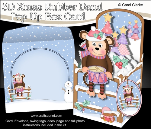 3D Christmas Rubber Band Pop Up Box Card - Little Christmas Monkey has a Drum