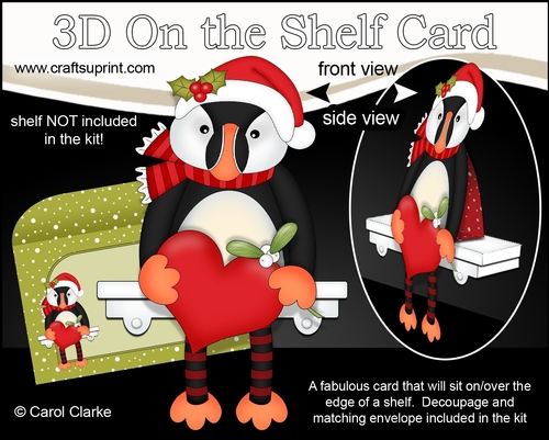3D On the Shelf Card Kit - Little Christmas Puffin Pilchard has a Heart