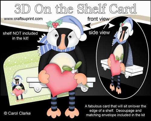 3D On the Shelf Card Kit - Little Christmas Puffin Pilchard has a Heart