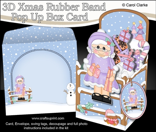 3D Christmas Rubber Band Pop Up Box Card - Christmas Mrs Claus helps Santa with the Presents