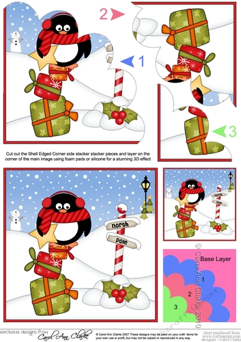 Christmas Pip Penguin is at the North Pole Shell Edged Corner side stacker