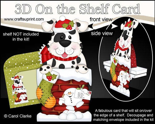 3D On the Shelf Card Kit - Christmas Cute Spotty Dog is helping Santa take the Presents down the Chimney