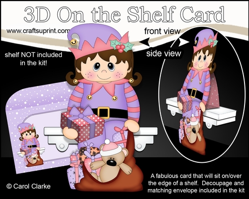 3D On the Shelf Card Kit - Little Christmas Girl Elf helps fill the Sack for Santa