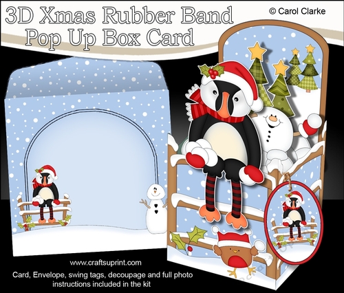 3D Christmas Rubber Band Pop Up Box Card - Little Christmas Puffin Pilchard has a Snowball Fight with Snowball Sam