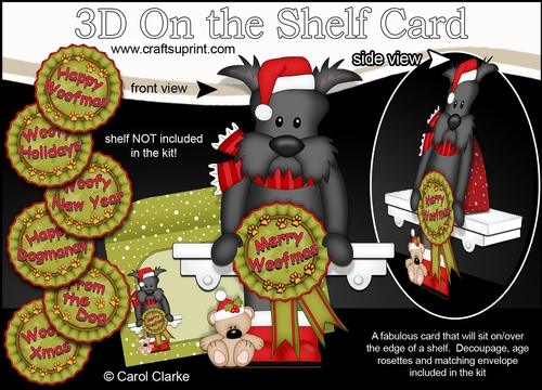 3D On the Shelf Card Kit - Christmas Scottie Dog with Seasonal Greetings Rosettes