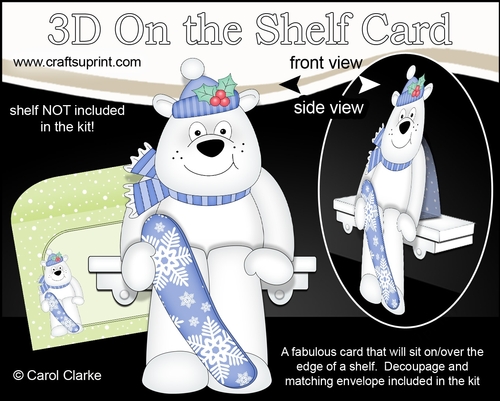 3D On the Shelf Card Kit - Christmas Ben Polar Bear goes Snowboarding