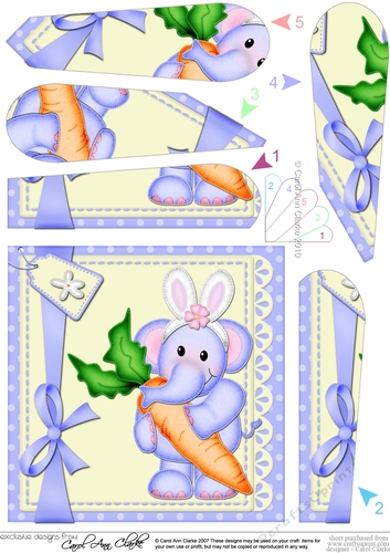 Lola Elephant has an Easter Carrot and Bunny Ears Fan Pyramage Topper