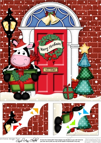 8 x 8 Christmas Door Milly Moo Cow has a present Scalloped Corner Topper