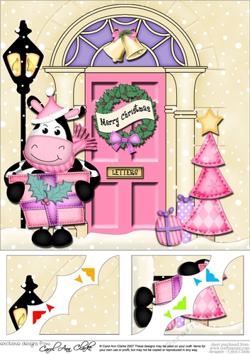 8 x 8 Christmas Door Milly Moo Cow has a present Scalloped Corner Topper