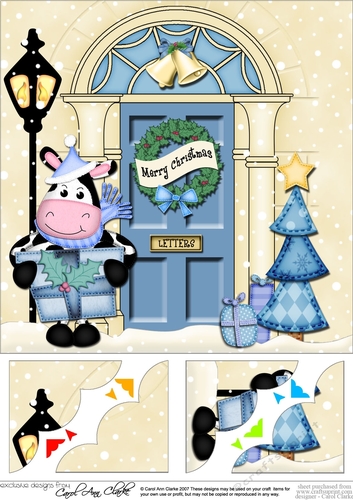 8 x 8 Christmas Door Milly Moo Cow has a present Scalloped Corner Topper