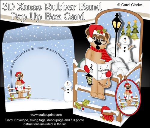 3D Christmas Rubber Band Pop Up Box Card - Christmas Frank Meerkat goes Carol Singing