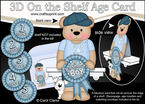 3D On the Shelf Card Kit - Cute Little Austin Bear is the Birthday Boy with ages 1 - 5 age Rosette Decoupage