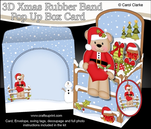 3D Christmas Rubber Band Pop Up Box Card - Christmas Livvy Bear has a Heart and Mistletoe