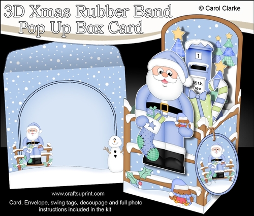 3D Christmas Rubber Band Pop Up Box Card - Christmas Santa fills a Christmas Stocking with Presents