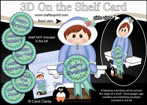 3D On the Shelf Card Kit - Cute Christmas Eskimo Boy with Seasonal Greetings Rosettes
