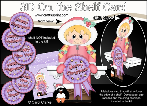 3D On the Shelf Card Kit - Cute Christmas Eskimo Girl with Seasonal Greetings Rosettes