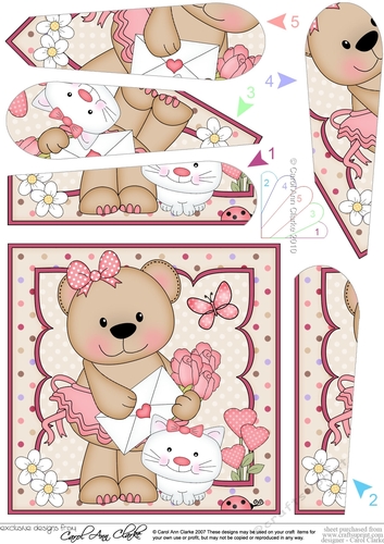 Livvy Bear has a Letter, Cat and Roses Fan Pyramage Topper