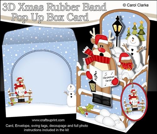 3D Christmas Rubber Band Pop Up Box Card - Christmas Rudolph goes Carol Singing