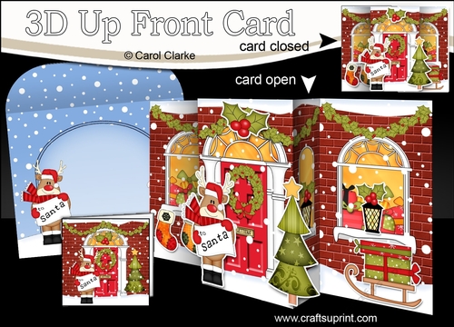 3D Christmas Up Front Card -  Rudolph is at the Front Door with a Letter for Santa