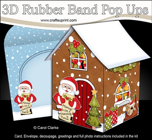 3D Rubber Band Pop Up Christmas Card - Christmas Gingerbread House Santa is Checking his List