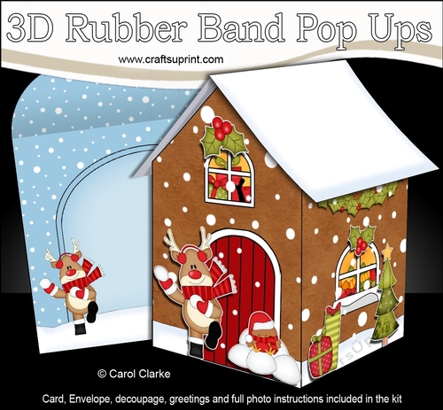 3D Rubber Band Pop Up Christmas Card - Christmas Gingerbread House Rudolph is having a Snowball Fight