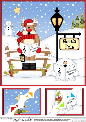 8 x 8 Christmas at the North Pole Christmas Rudolph goes Carol Singing Scalloped Corner Topper