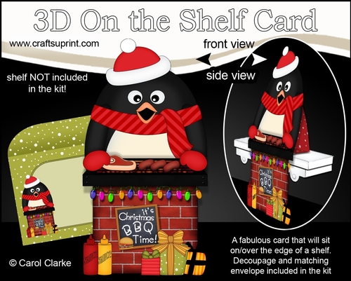 3D On the Shelf Card Kit - Christmas Pip Penguin has a Festive Barbeque