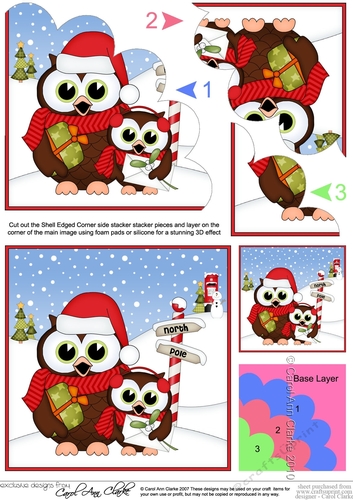 Hoot and Little Hoot Owls are getting ready for Christmas at the North Pole Shell Edged Stacker