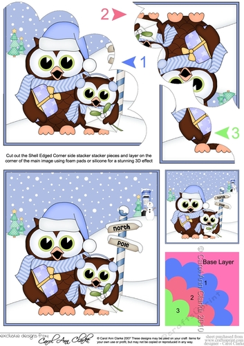 Hoot and Little Hoot Owls are getting ready for Christmas at the North Pole Shell Edged Stacker