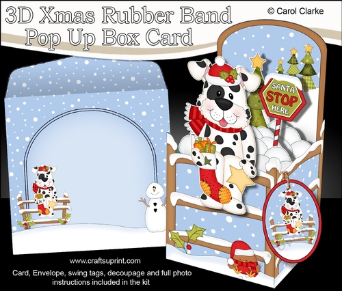 3D Christmas Rubber Band Pop Up Box Card - Little Spotty Dog has a Christmas Stocking