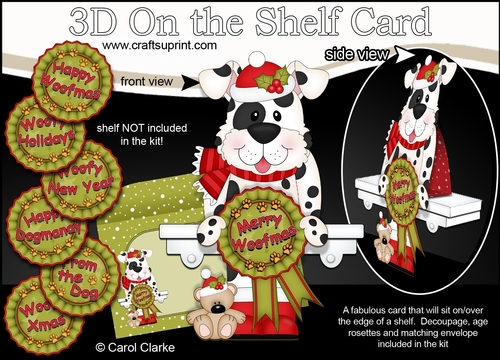 3D On the Shelf Card Kit - Christmas Spotty Dog with Seasonal Greetings Rosettes
