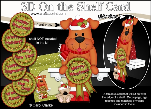 3D On the Shelf Card Kit - Christmas Rusty Dog with Seasonal Greetings Rosettes