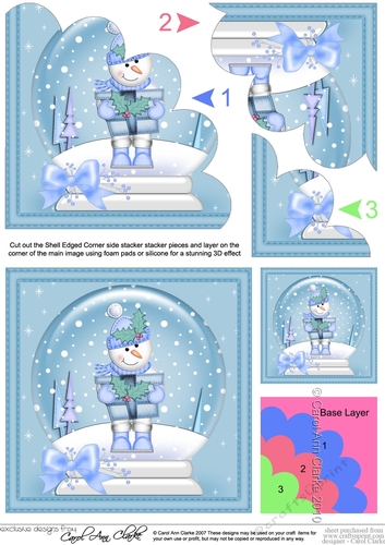 Christmas Snowglobe Little Snowman has a Present Shell Edged Corner Stacker