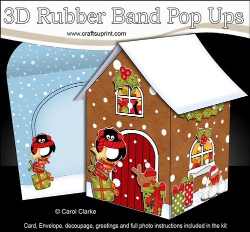3D Rubber Band Pop Up Christmas Card - Christmas Gingerbread House Pip Penguin delivers the Presents