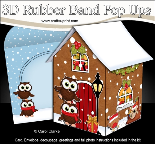 3D Rubber Band Pop Up Christmas Card - Christmas Gingerbread House Little Hoot Owls are ready for Christmas